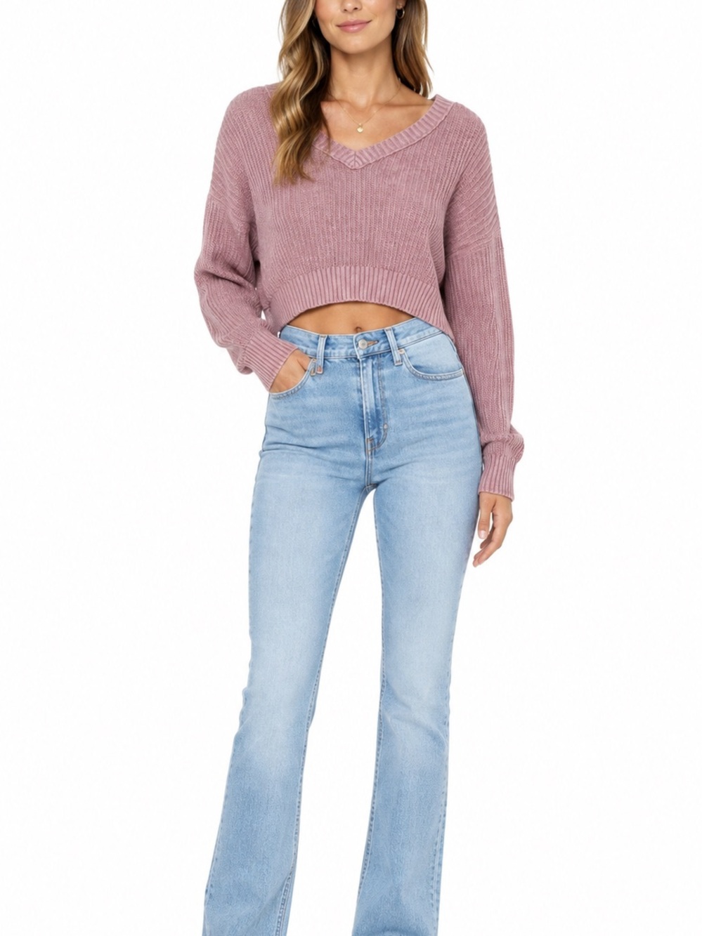 Wild Fable Size XS Pink Knitted Crop V-Neck Sweater